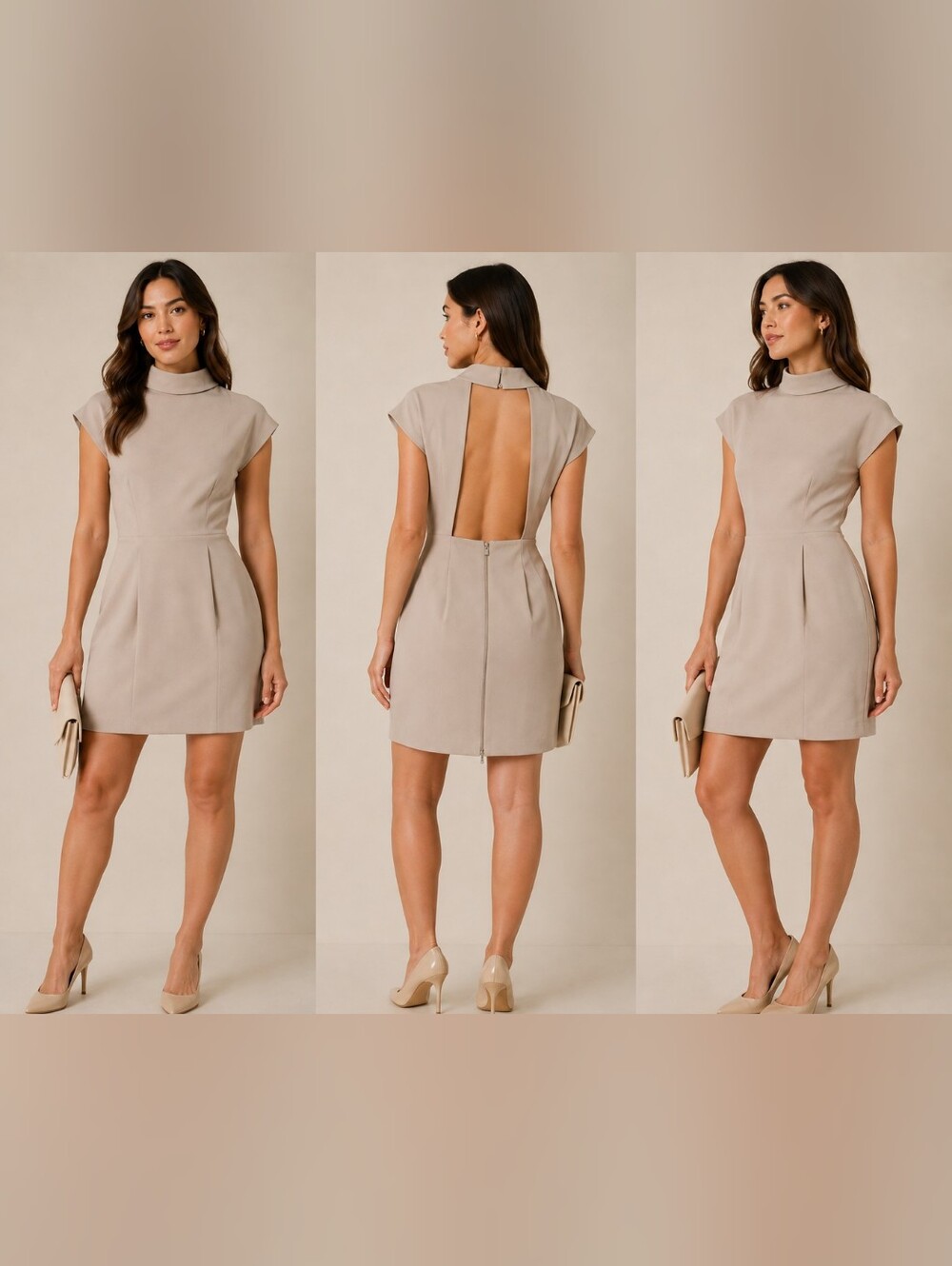 ASOS Beige Cap Sleeve Sheath Dress Sz 4 *Tall Roll Collar Pleated Tailored Mini